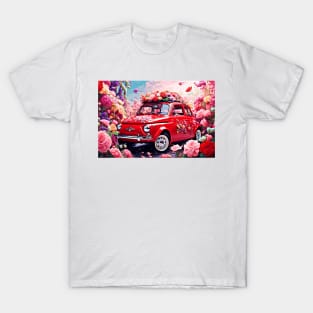 Red Fiat 500 in a surreal sea of flowers T-Shirt